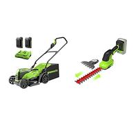 Greenworks Tools 2513407UC Cortacésped, 48V + 2 en 1 Tijeras de Batería para arbustos y césped G24SHT, Li-Ion 24V 2400 SPM 8 mm Espesor y 20 cm Corte adecuado para cortasetos