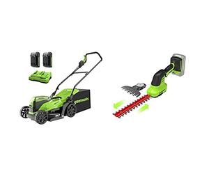 Greenworks Tools 2513407UC Cortacésped, 48V + 2 en 1 Tijeras de Batería para arbustos y césped G24SHT, Li-Ion 24V 2400 SPM 8 mm Espesor y 20 cm Corte adecuado para cortasetos