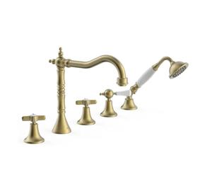 Grifo bimando para borde de bañera con ducha de mano en latón con acabado latón viejo mate Tres Clasic Tres