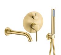 Grifo de bañera monomando empotrado oro mate proteccion PVD 2 vias alcachofa de mano y caño Jucar de Valaz