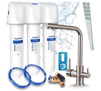 Grifo de cocina de 3 vías Ari modelo Venom, acero inoxidable, para lavaplatos. Incluye sistema de filtración de agua Aquaphor, instalación bajo encimera y cabezal giratorio de 360°