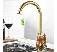 Grifo de Cocina de Cobre Jade Natural Todo Cobre Lavabo de Mesa Grifo Mezclador de Agua fría Grifo de Fregadero de Cocina Grifo Dorado Giratorio Aireador de Correa, P