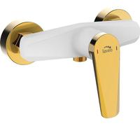 Grifo de ducha de pared, modelo RUBIO BVR_640G, color blanco/dorado, fabricado en latón, con cartucho cerámico y un solo mando