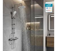 Grifo de ducha HANSGROHE, sistema de ducha con termostato Ecostat 1001CL y ducha de lluvia BELVIT o cabezal de ducha manual, con tecnología EcoStop y limitador de temperatura a 40°C, juego completo en