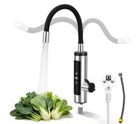 Grifo electr. calentador 220V 3000W, inox 304, 360 Grad, LED muestra temp., termostatico, anti-salpica, agua caliente al instante, manguera 1/2" (sin 3/8"), enchufe Schuko fijo, montaje encimera
