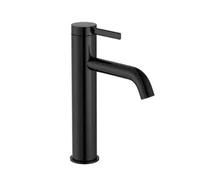 Grifo monocomando de lavabo con caño mezzo y acabado negro titanio desagüe Ona Roca