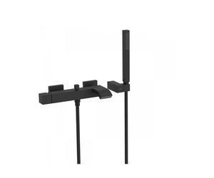 Grifo monomando de bañera y ducha para empotrar de forma rectangular, fabricado en latón negro mate, Cuadro TRES