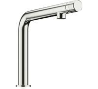 Grifo monomando de la serie Armatur Turno Solo, con acabado en acero inoxidable, caño articulado y control de agua integrado en el cabezal