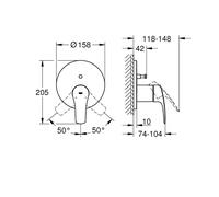 Grifo monomando Eurosmart para dos salidas de agua, cromado, montaje empotrado a pared, cartucho cerámico de 46 mm, roseta metálica, metal