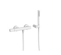 Grifo monomando mural para ducha con ducha de mano anticalcárea acabado blanco mate Study Tres