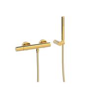 Grifo monomando mural para ducha con ducha de mano anticalcárea acabado dorado Study Tres