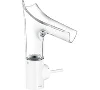 Grifo monomando para lavabo Hansgrohe Axor Starck V 140, con salida de agua en vidrio, espacio de almacenamiento abierto y acabado en blanco