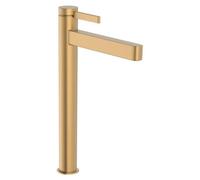Grifo monomando para lavabo Hansgrohe Finoris 260 CoolStart, diseñado para lavabos encimeras, con sistema de desagüe push-open y acabado en bronce cepillado