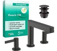 Grifo para lavabo Hansgrohe Finoris de 3 orificios, modelo 110, con sistema de desagüe push-open y acabado en cromo cepillado