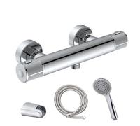 Grifo termostático de ducha Básico con Equipo. Con botón de seguridad antiquemaduras. Incluye flexo de acero inoxidable, soporte y mango de ducha