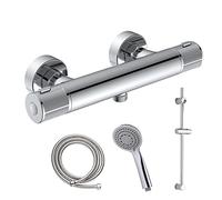 Grifo termostático para ducha ALO con barra y manetas latón grafiladas. Incluye flexo de acero inoxidable, mango de ducha y barra de ducha