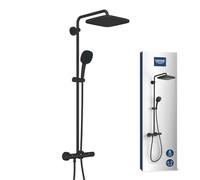 GROHE Columna de ducha Vitalio Comfort 250 con mezclador termostático, ducha cuadrada 1 chorro 25 cm, teleducha cuadrada 2 chorros 11 cm, manguera 1,75 m, ahorro de agua, negro mate, 266972431