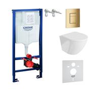 GROHE | Elemento de pared Solido + inodoro suspendido Sofi blanco sin borde + tapa de inodoro SoftClose | Botón dorado | Conjunto completo | Cisterna empotrada | Juego completo de inodoro |