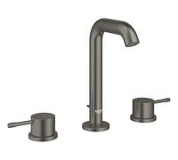 GROHE Essence, Grifo mezclador de lavabo de 3 orificios con desagüe automático, montaje en encimera, tamaño M 193 mm, palanca de metal de doble manija, disco cerámico, grafito duro cepillado, 20296AL1