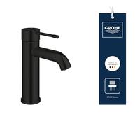 GROHE Essence - Grifo Monomando de Lavabo de Cuerpo Liso (Tamaño S 208 mm, Palanca Metálica, Cartucho Cerámico de 28 mm, Ahorro de Agua, Flexibles 3/8"), Negro Mate, 235902431