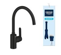 GROHE Get - Grifo de cocina monomando (caño alto en C 353 mm, ángulo de giro ajustable, cartucho cerámico 35 mm, conexiones 3/8", fácil instalación con QuickMount), Negro Mate, 314942431