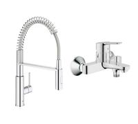 GROHE Get Grifo monomando para lavabo (con ducha extraíble) + BauEdge Grifo para bañera, cromo, Quickfix
