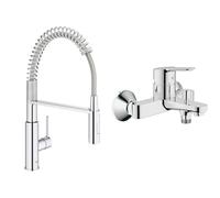 GROHE Get Grifo monomando para lavabo (con ducha extraíble) & Grifo para bañera BauEdge, cromo