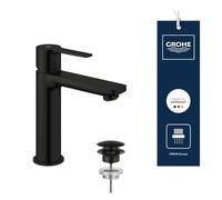 GROHE Lineare - Grifo Monomando de Lavabo de Cuerpo Liso con Vaciado Push-Open (Caño Alto, Cartucho Cerámico 28 mm, Ahorro de Agua, Flexibles 3/8"), Tamaño 18 cm, Negro Mate, 231062431