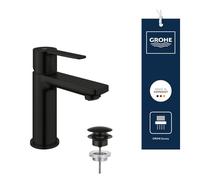 GROHE Lineare - Grifo Monomando de Lavabo de Cuerpo Liso con Vaciado Push-Open (Sobre Repisa, Tamaño XS 155 mm, Cartucho Cerámico 28 mm, Ahorro de Agua, Flexibles 3/8"), Negro Mate, 237912431