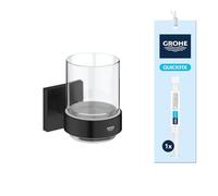 GROHE Lote Accesorio Start Cube QuickFix - Portacepillos de Dientes de Pared Cristal con Soporte + A1 QuickGlue - (Cristal y Metal, Fijación Oculta, con Tornillos y Tacos), Negro Mate, 410972430
