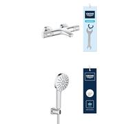 GROHE Precision Feel: Termostato Bañera y Ducha + Set Alcachofa Vitalio Joy+ 120 con Soporte Pared. Cuerpo frío, tope 38°C, 3 chorros y manguera 1,5m. Cromo (34788000 + 1348650000)