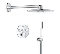 GROHE Precision SmartControl - Sistema ducha empotrado termostático 3 vías (rociador 31cm 2 chorros, codo con soporte, teleducha 1 chorro, flexo 1.5m, placa redonda), Cromo, 1072450000
