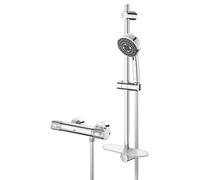 GROHE QuickFix Precision Feel, Set ducha termostática (con barra ducha, bandeja y soportes, teleducha y flexo), botón de control ecológico, instalación con QuickSpanner incluída, cromado, 34791000