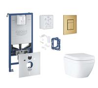 Grohe Rapid SLX - Set de instalación pre-pared, inodoro, asiento SoftClose, botón Skate Cosmopolitan y kit de lanzamiento para tableta, Triple Vortex, cepillado Cool Sunrise SANI11BB4144
