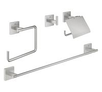 Grohe Start Cube QuickFix - Set de accesorios 4-en-1, gris mate, Portarollos con tapa, colgador individual, toallero de argolla y barra para toallas, para pegar (pegamento QuickGlue A1) o atornillar