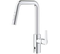 GROHE Start QuickFix 1012430000 - Grifo de cocina extraíble híbrido para funcionamiento manual o sin contacto (boquilla en U alta de 381 mm, cartucho de cerámica de 28 mm, área giratoria de 150°