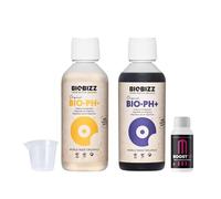 GROWMANIA Biobizz pH + Plus 250 ml + pH - Menos 250 ml líquido + Up Nutrients Boost Up + Vaso Medidor | Superpack Ph up and Ph Down and Boost | Abono elevador de pH para plantas de cultivo
