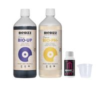 GROWMANIA Biobizz pH + Plus 500 ml + pH - Menos 500 ml líquido + Up Nutrients Boost Up + Vaso Medidor | Superpack Ph up and Ph Down and Boost | Abono elevador de pH para plantas de cultivo