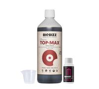 GROWMANIA Top Max de BioBizz 1L + Muestra Boost Up de Up Nutrients + Vaso Medidor | Potenciador Orgánico de Floración Completa | Excelente para Huertos y Jardines de Tamaño Medio