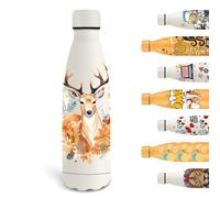 Grsta Botella Agua Acero Inoxidable, 500ml Termica, Agua sin BPA, Personalizada con Ciervos, Botella Reutilizable a Prueba de Fugas, para la Escuela, Viajar, Blanco