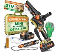 GRÜNTEK Mini Sierra de Poda Motosierra Electrica. Motosierra a Bateria 21V - Motosierra Eléctrica de mano con Guantes y Gafas