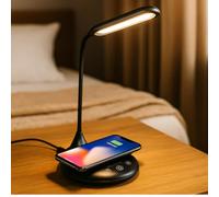 Grundig Lámpara de escritorio con cargador inalámbrico - Lámpara LED regulable táctil - Lámpara de noche con 3 colores de luz - USB-C - Brazo flexible para iluminación ajustable
