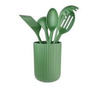 Grunwerg Greenworks Juego de 5 utensilios de PET reciclado, cucharón para sopa, espátula para espaguetis, cuchara ranurada, cuchara para servir, espátula ranurada y recipiente para utensilios, verde