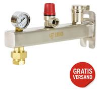 Grupo de seguridad IBO IGB, acero inoxidable, 3/4", presión de funcionamiento de 2,5 a 6 bar, con manómetro. Presión de funcionamiento: 6 bar