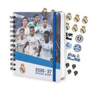 Grupo Erik Agenda escolar Real Madrid 2026 2027 - Agenda Dia por Pagina fútbol para niños de Primaria e Instituto [Curso 26/27 ] Con Anillas, Tapa dura, Pegatinas e Ilustraciones (14x16 cm)