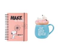 Grupo Erik Pack Cuaderno Snoopy A5 - Cuaderno A5 punteado - Bloc de notas A5 + Taza Snoopy 3D - Taza con tapa - Tazas grande desayuno 500 ml, Tazas originales para regalar
