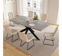 Grupos de comedor para 4-6 personas, mesa de comedor extensible con sillas, moderna mesa de madera MDF gris, adecuada para salón, cocina (Mesa de comedor de 130-170 cm + 6 sillas color beige - E)
