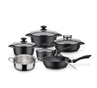 GSW 414562 Gourmet Granit - Batería de cocina (10 piezas, aluminio, vidrio, plástico, acero inoxidable), color negro