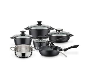 GSW 414562 Gourmet Granit - Batería de cocina (10 piezas, aluminio, vidrio, plástico, acero inoxidable), color negro