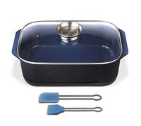 Gsw 800419 Ceramica Azul Cobalto Inducción Rectángulo Asador Con Tapa De Vidrio 40 X 26 X 11 Cm/Aprox. 8,0 L - Incluye Pincel Juego De 2 Piezas, Aluminio Fundido, Negro/Azul, 40 X 26 X 12,5 Cm
